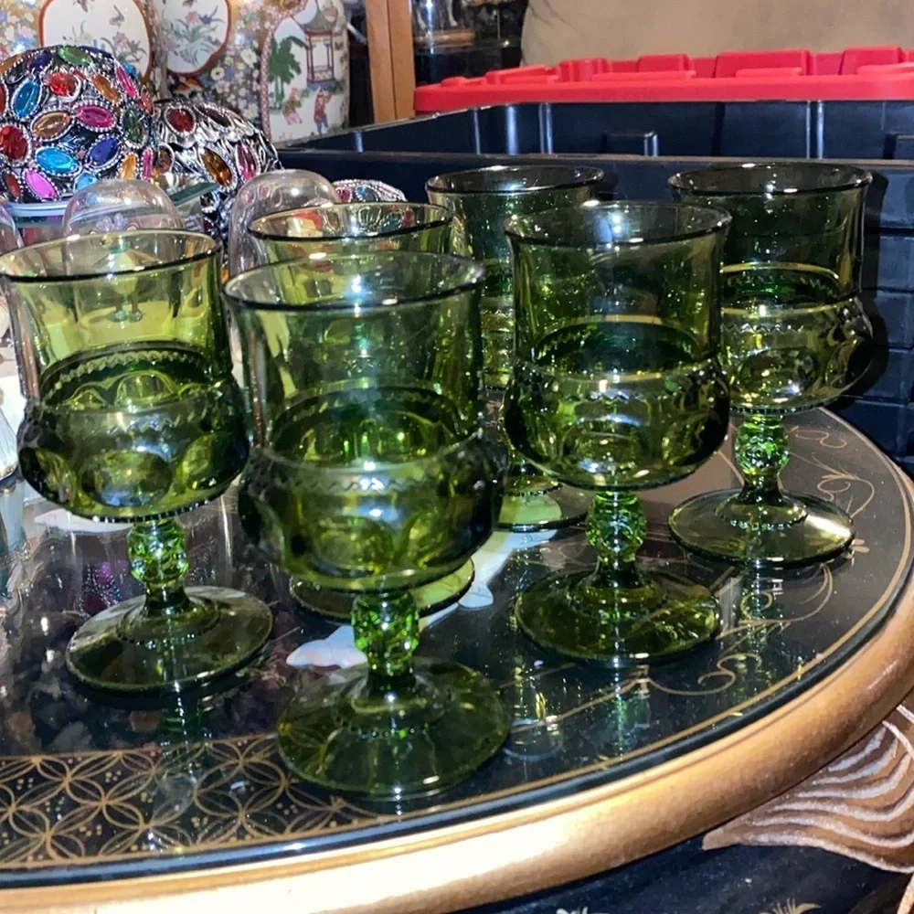 1960's 6 Vintage Indiana Glass Kings Crown Thumb Print Avocado Green Goblet Wine
